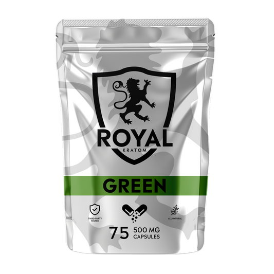 A package of Royal Kratom Green Vein capsules with 75 capsules containing 500mg of kratom powder each.