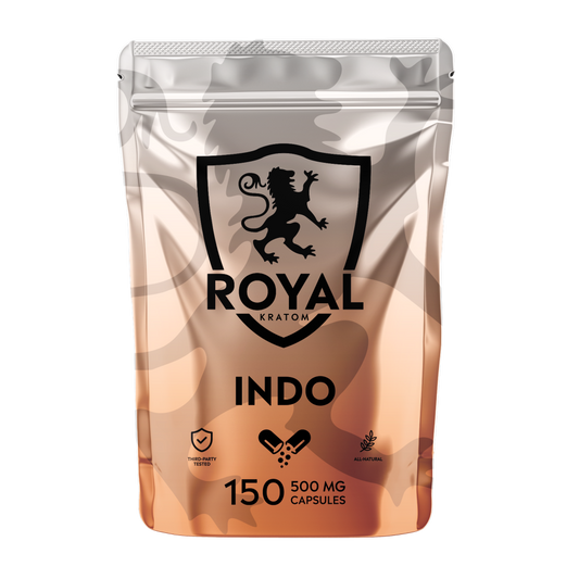 A package of Royal Kratom Indo capsules with 150 capsules containing 500mg of kratom powder each.