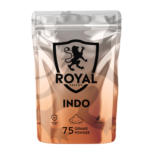 A package of Royal Kratom Indo powder packed with 75 grams of powder