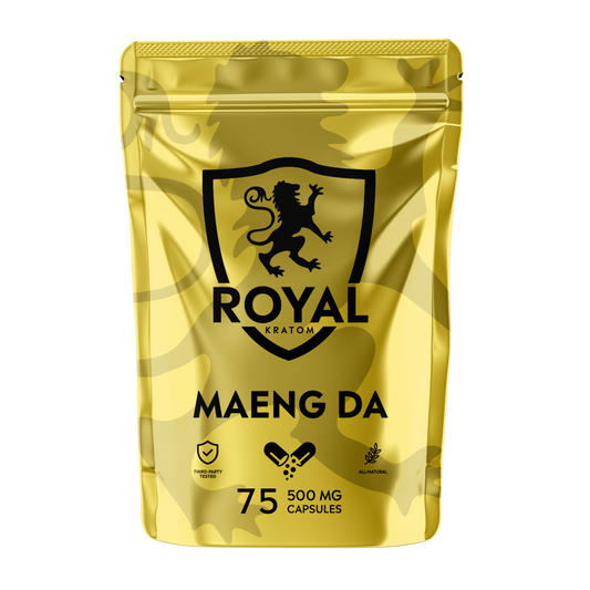 A package of Royal Kratom Maeng Da capsules with 75 capsules containing 500mg of kratom powder each.