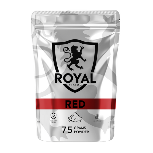 A package of Royal Kratom Red Vein powder packed with 75 grams of powder