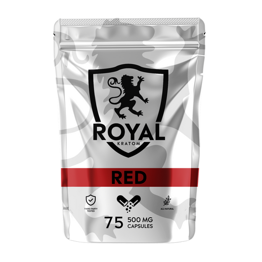 A package of Royal Kratom Red Vein capsules with 75 capsules containing 500mg of kratom powder each.