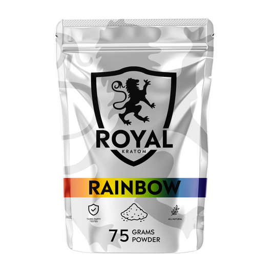 A package of Royal Kratom Rainbow Blend powder packed with 75 grams of powder