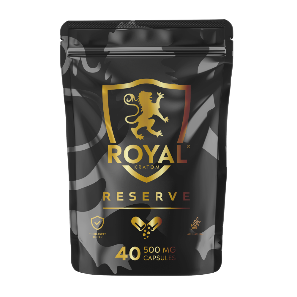 A package of Royal Kratom Reserve capsules with 40 capsules containing 500mg of kratom powder each.