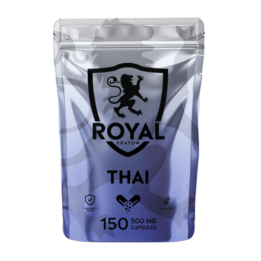 A package of Royal Kratom Thai capsules with 150 capsules containing 500mg of kratom powder each.