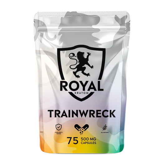 A package of Royal Kratom Trainwreck capsules with 75 capsules containing 500mg of kratom powder each.