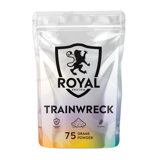 A package of Royal Kratom Trainwreck Blend with 75 grams of kratom powder.
