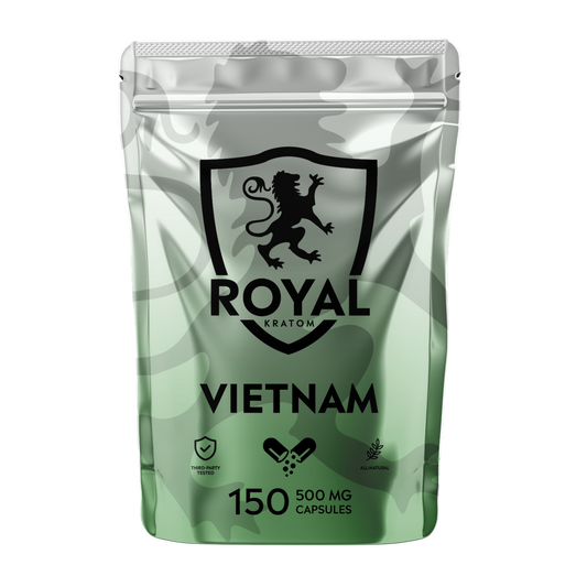 A package of Royal Kratom Vietnam capsules with 150 capsules containing 500mg of kratom powder each.