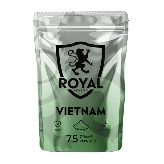 A package of Royal Kratom Vietnam with 75 grams of kratom powder.