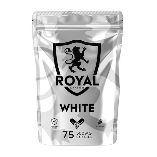 A package of Royal Kratom White Vein capsules with 75 capsules containing 500mg of kratom powder each.