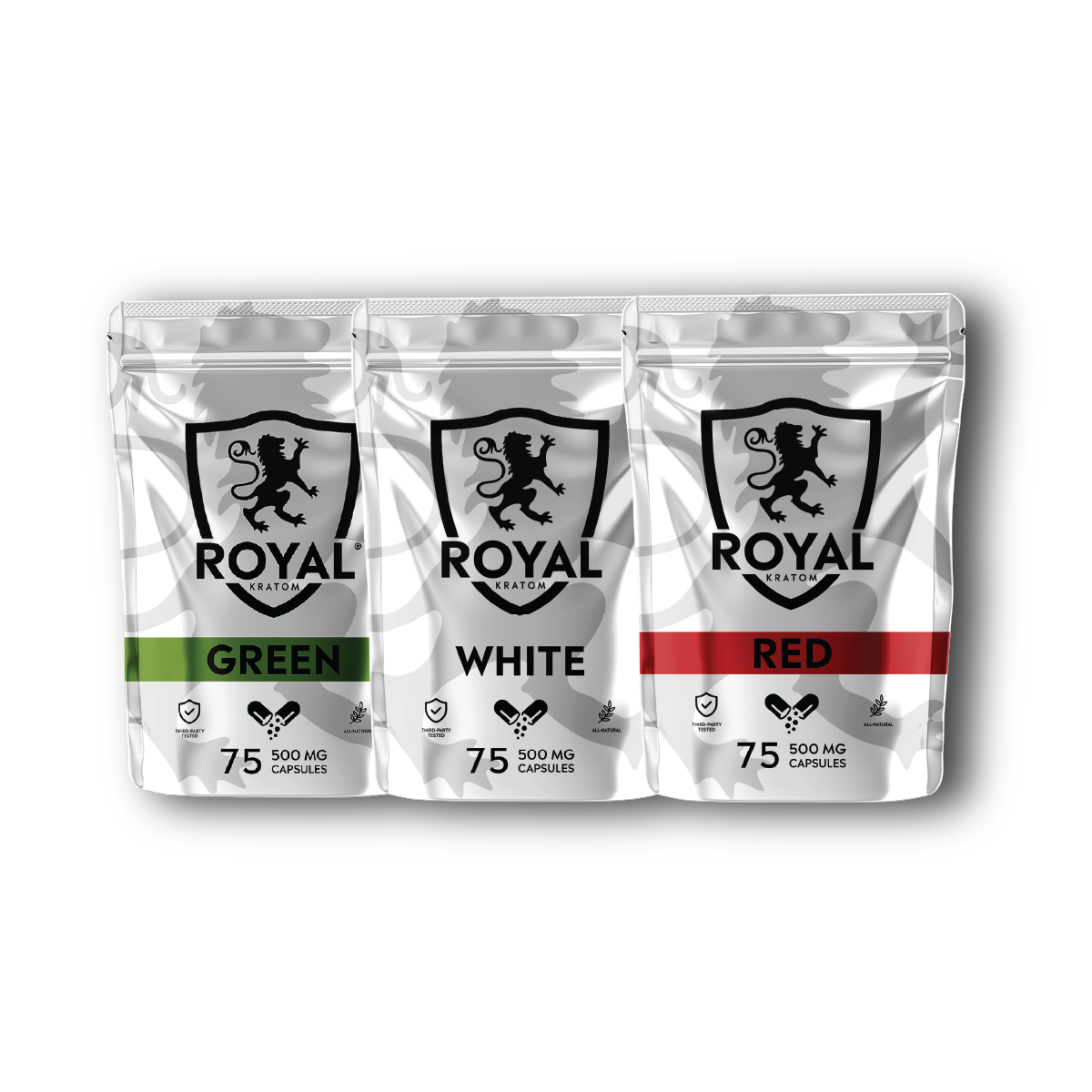 Three packages of Royal Kratom with green, white, and red labels on a white background.