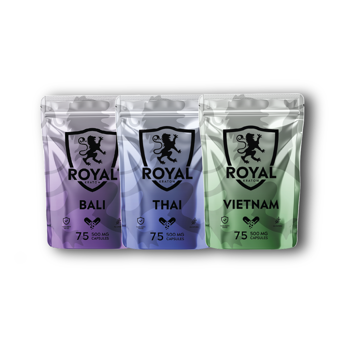 Three packages labeled 'Royal Bali', 'Royal Thai', and 'Royal Vietnam' on a white background.