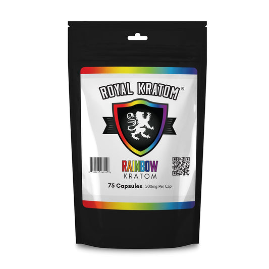 Front of Royal Kratom Rainbow Kratom Blend Capsules 75 Count package