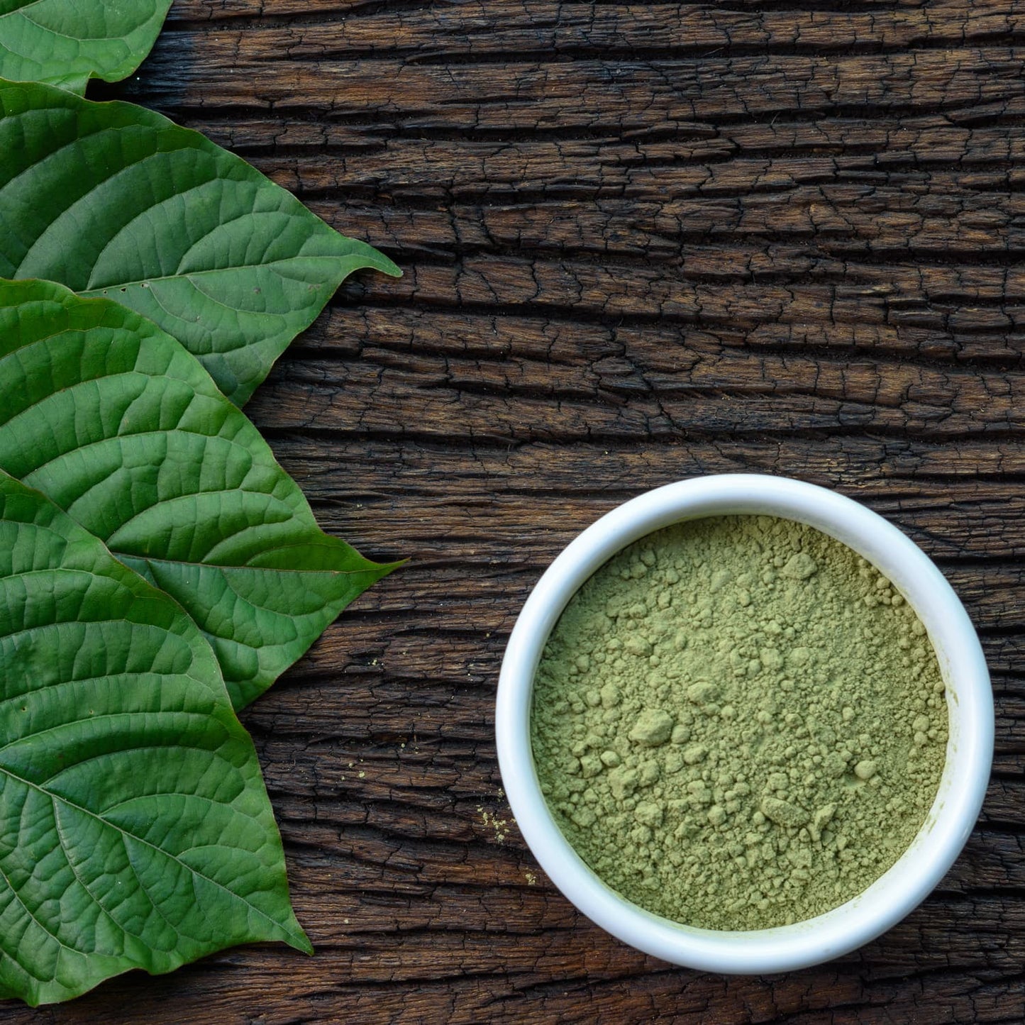 Vietnam Kratom powder in a bowl near leaves on a table