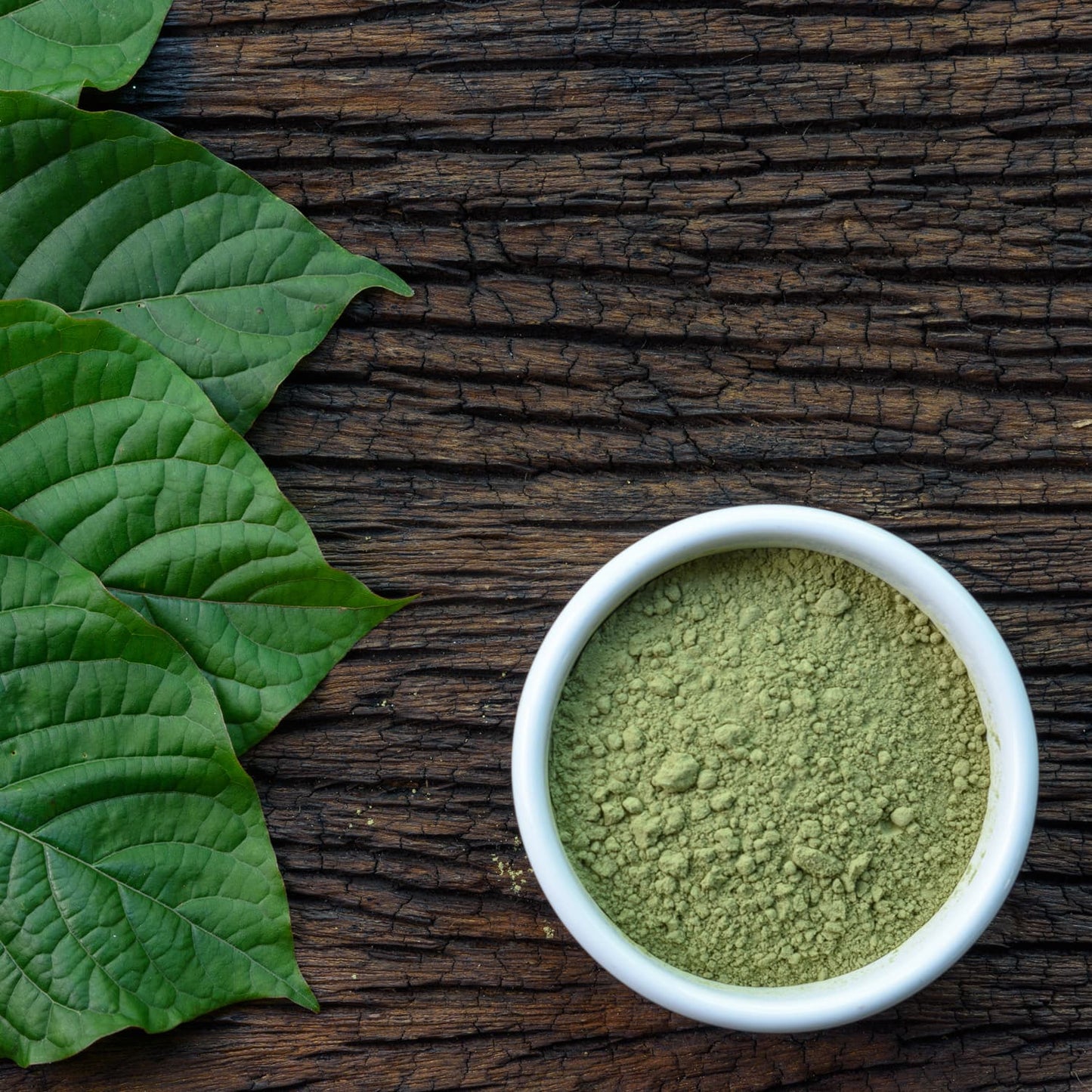 Vietnam Kratom powder in a bowl near leaves on a table